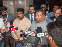 HE Barkindo, OPEC Secretary General, and HE Pradhan, India's Minister of Petroleum and Natural Gas; speak to the media in New Delhi
