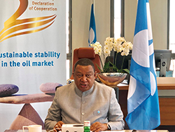 HE Mohammad Sanusi Barkindo, OPEC Secretary General, delivers his statement from the OPEC Secretariat in Vienna, Austria